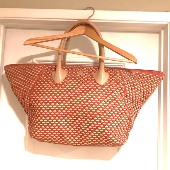Pour La Victoire Leather basketweaved Authentic Extra Large Tote  Tan/Orange - Picture 8 of 16